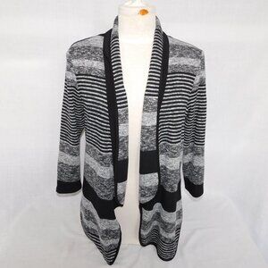 Frank Lyman Design Womens 10 Black Gray Striped Knit Open Cardigan 3/4 Sleeve